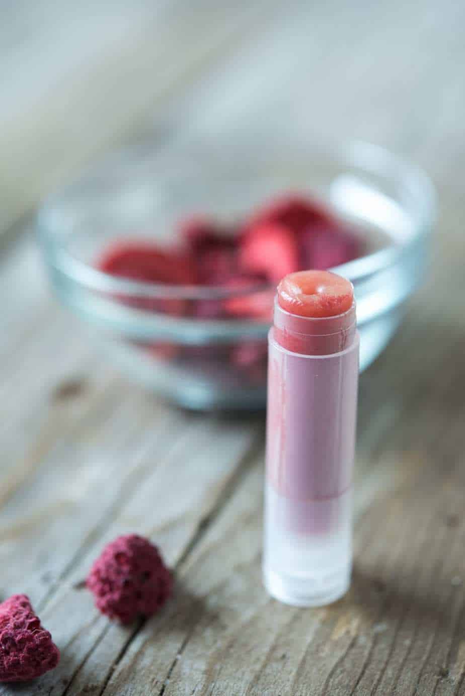 DIY Lip Balm- tinted and flavored with freeze dried fruit! Non-toxic, gluten-free, chemical-free.