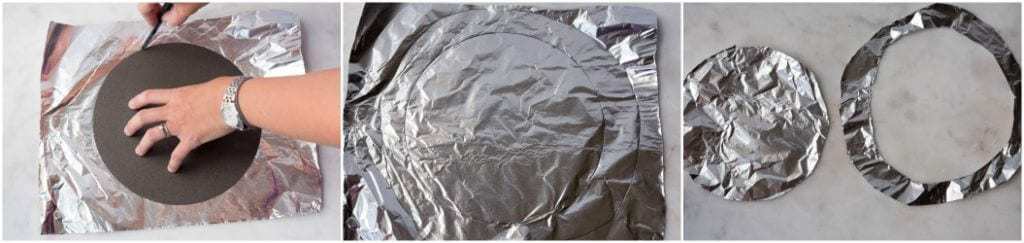 a visual of aluminum foil being cut into a pie crust protector to prevent browning