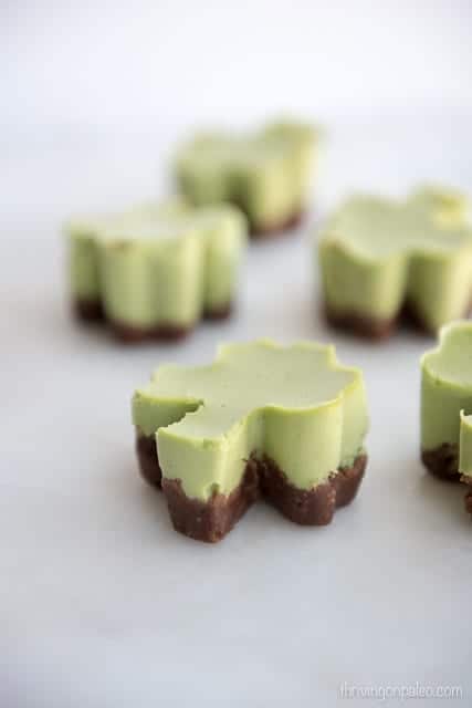 St. Patty's Day No-Bake Shamrock mini cakes - a paleo, gluten-free, egg-free naturally colored dessert or snack recipe. Kid friendly too!