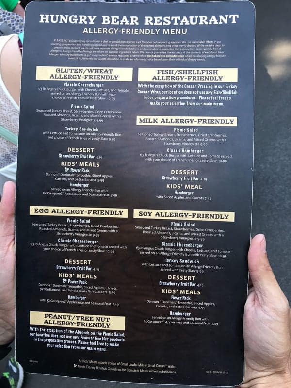 Eating gluten-free at Disneyland - Allergy menu for Hungry Bear Restaurant