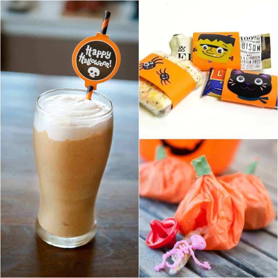 a collage of Paleo Halloween treats - a dairy-free pumpkin milkshake, some paleo treats wrapped in paper with fun Halloween stickers, and a tissue paper pumpkin with small toys