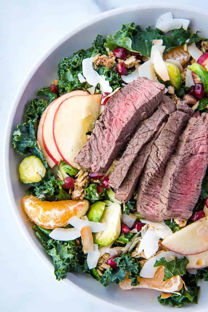 closeup of the Winter Steak Salad fully assembled from above