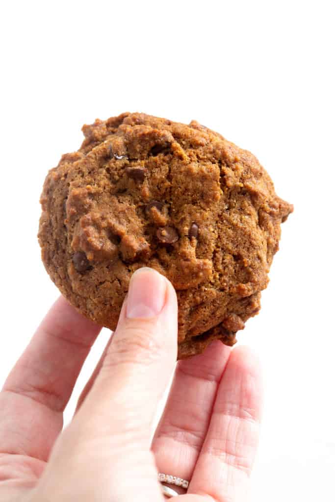 A hand holding up an AIP Chocolate Chip Cookie